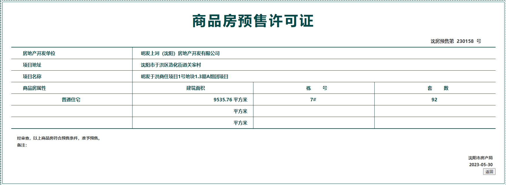 拿证速递|于洪区明发上河时代获预售许可 共计92套房源